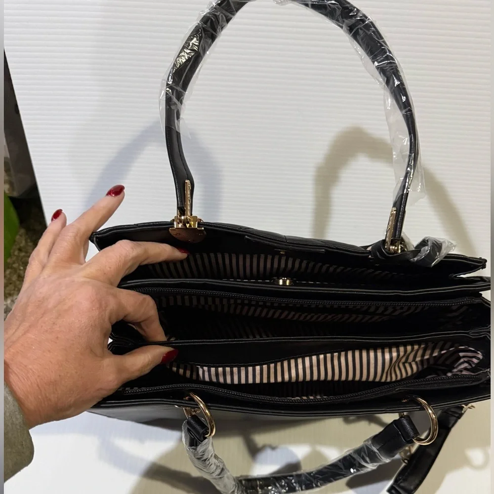 NWT 2PC Black Quilted Handbag with Crossbody Strap, Bag Charm and Wallet